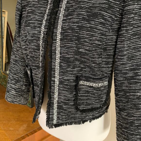 Frenchi Size L Tweed Crop Blazer Jacket Black and White Fringe Trim Preppy Fall - Picture 5 of 10